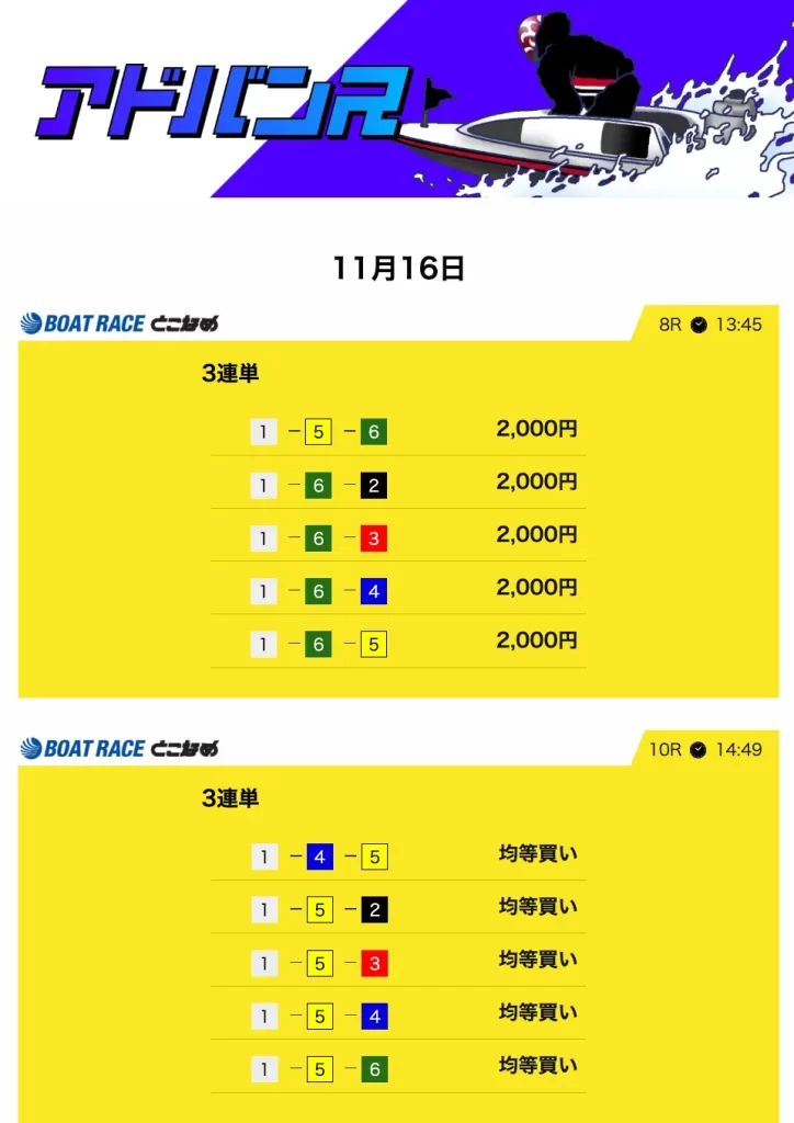 競艇予想サイト「競艇サバイバー」11/16 アドバンス デイ 買い目