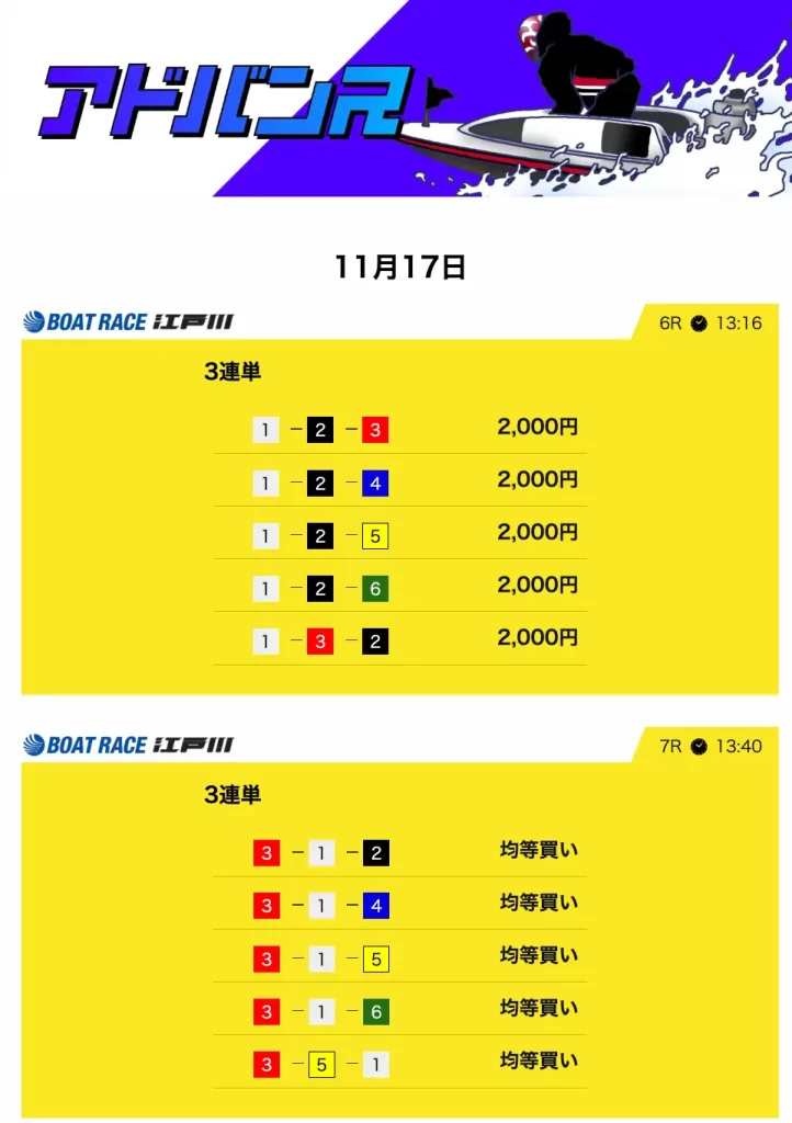 競艇予想サイト「競艇サバイバー」11/17 アドバンス デイ 買い目