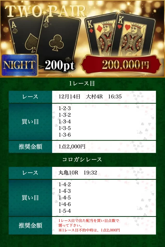 boat-rio-two-pair-plan-night-12-14 - 勝つ!稼ぐ!競艇予想サイトを紹介! - 競艇フリーダムは、勝つ!稼ぐ!競艇予想サイトを紹介するブログ。競艇予想サイトを使って競艇(ボートレース)で勝つ、稼ぐ事ができるようになり金と自由を手に入れた田崎優斗が、競艇(ボートレース)で勝つ、稼ぐ事ができるオススメの競艇予想サイトを使用した結果を交えて紹介するブログ。 競艇予想サイト「BOAT RIO(ボートリオ)」 TWO PAIR ナイター 買い目 12/14