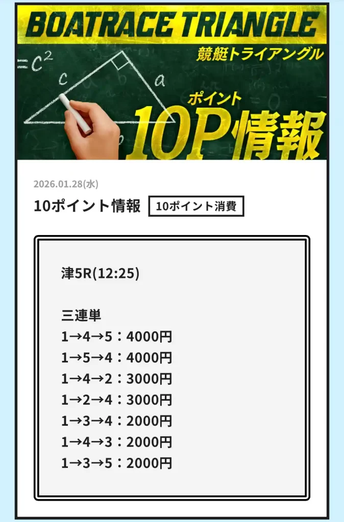 競艇予想サイト「競艇トライアングル」　10P情報　買い目
