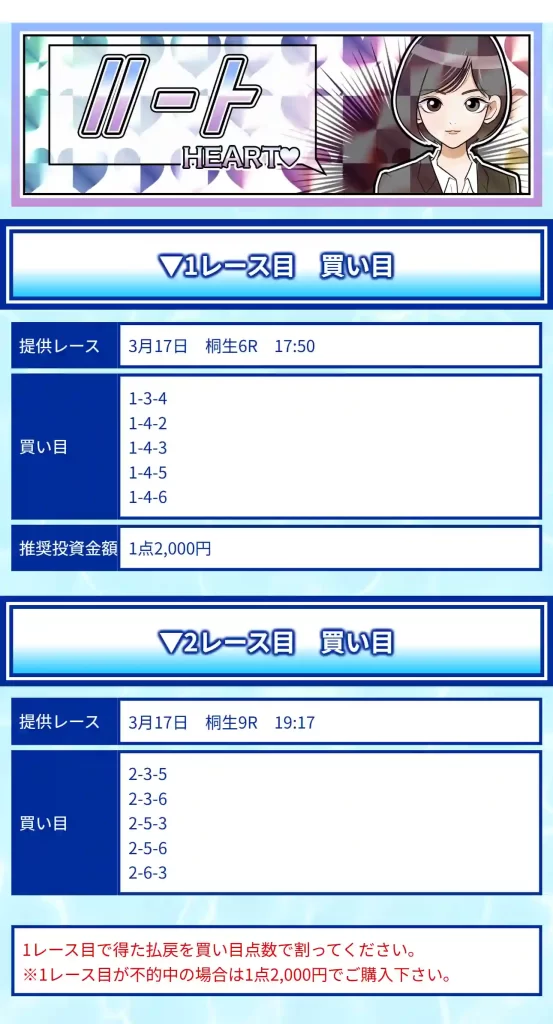 競艇予想サイト「クリアボート」　3/17　ハート　買い目