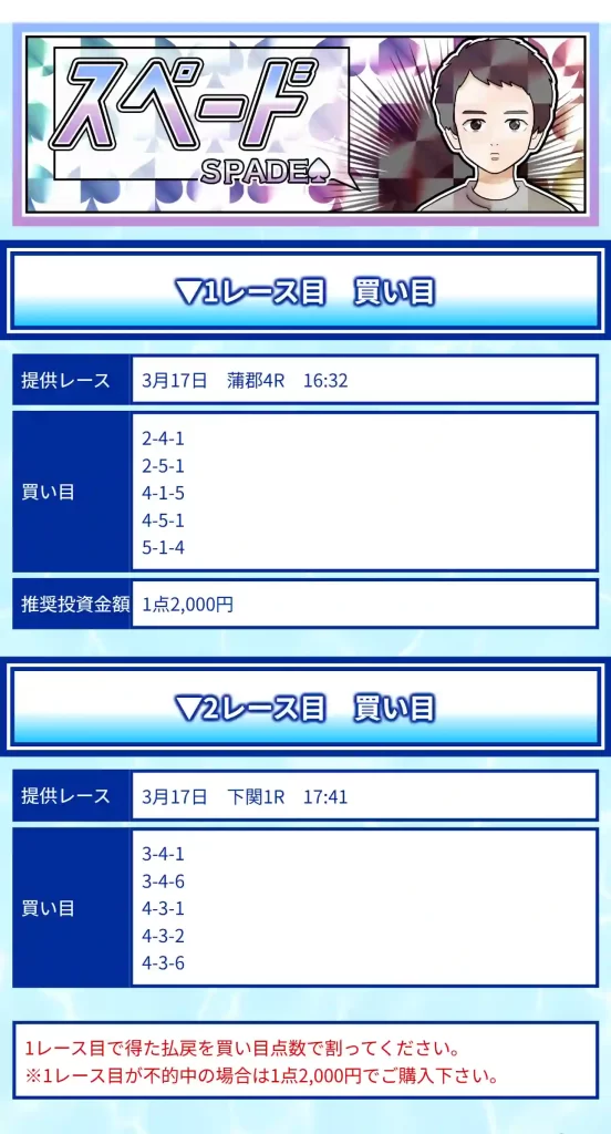 競艇予想サイト「クリアボート」　3/17　スペード　買い目