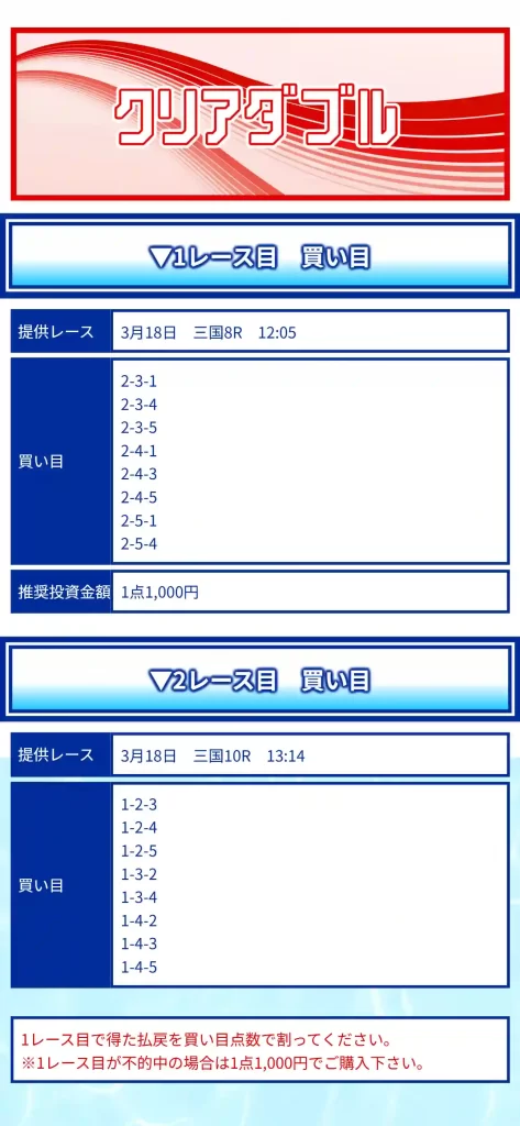 競艇予想サイト「クリアボート」　3/18　クリアダブル　買い目